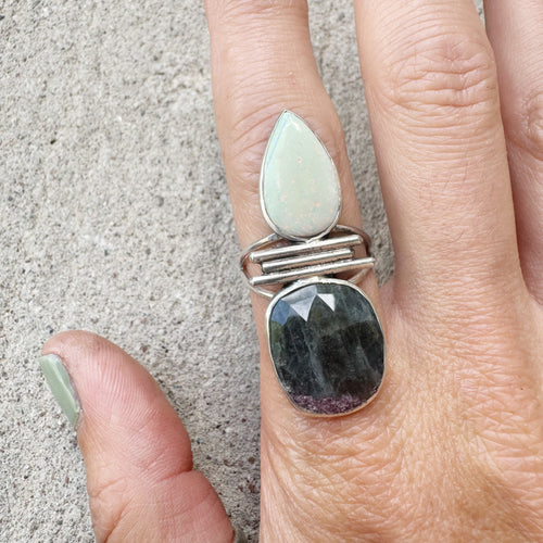 Moss Aquamarine & Opal & Sapphire Wanderlust Ring Size 8